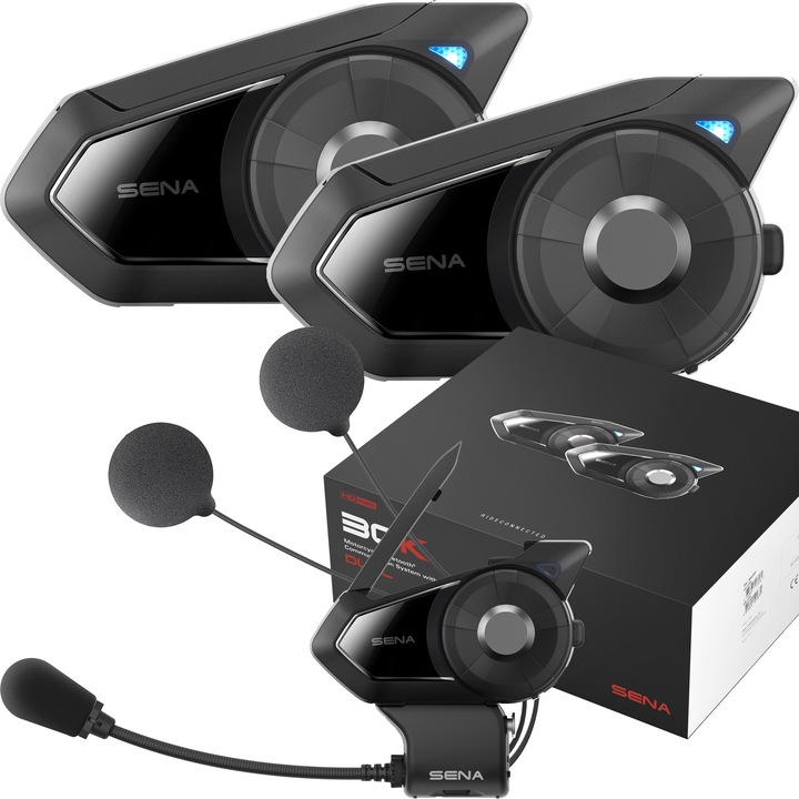 Interfon pentru casca motociclete, Sena 30K-03D, Dublu, Bluetooth 5, controlul zgomotului, kit de comunicare multicanal, Negru