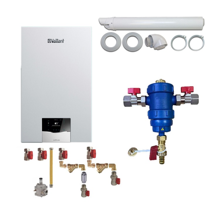 Pachet centrala termica Vaillant VUW 26CS/1-5 ecoTEC Plus 21 kW, kit evacuare, filtru antimagnetita RTM si kit montaj complet RTM incluse