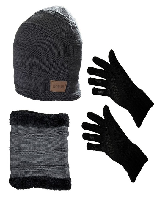 Caciula, Fular si Manusi Touchscreen, Set de 3, Termice, Unisex, marime M-L, Gri cu Negru