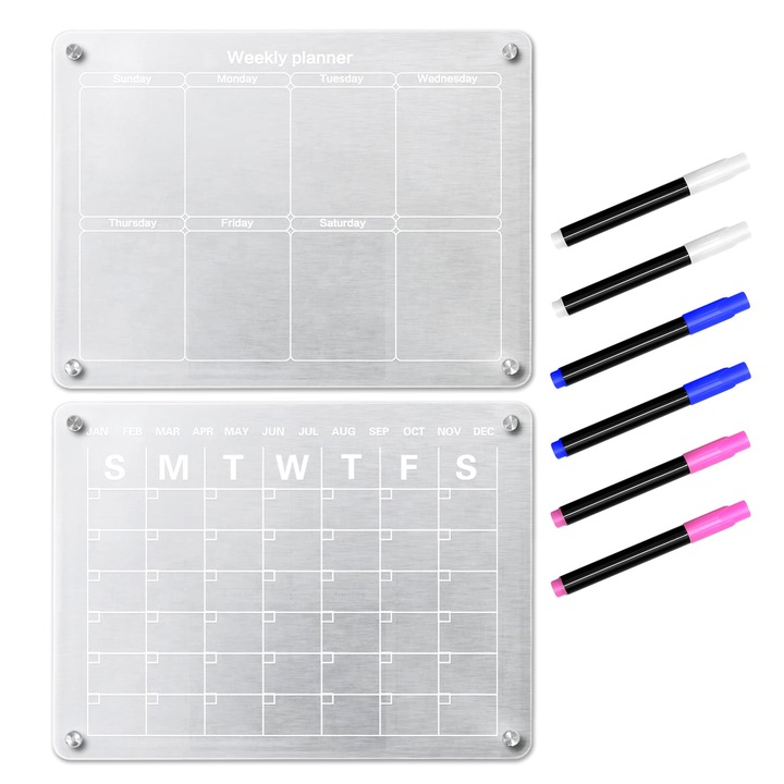 Set de 2 calendare magnetice pentru frigider, OVERTANG, cu pix, transparente