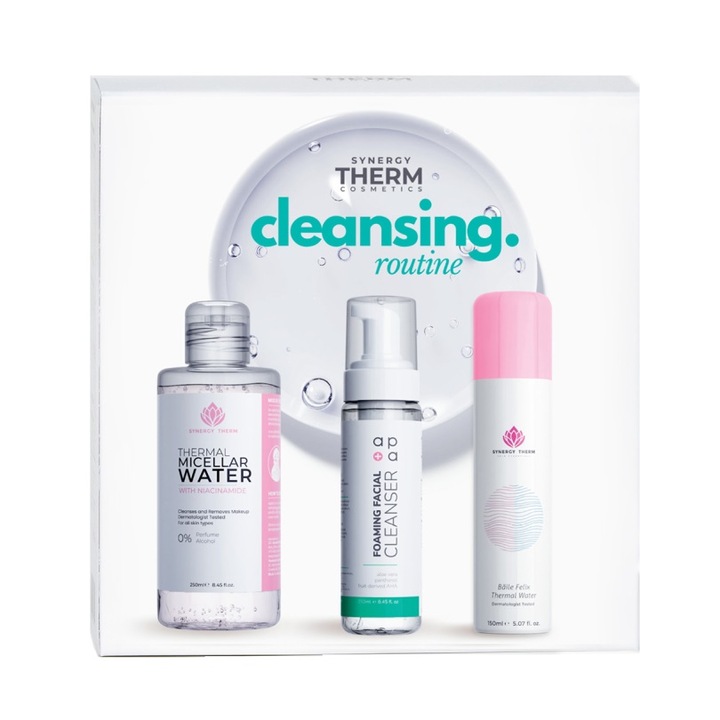 Set Cleansing Routine SYNERGY THERM, Apa micelara, 250 ml, Spuma pentru curatare faciala, 250 ml, Apa Termala Spray, 150 ml