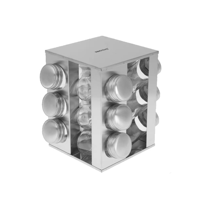 Комплект 12 съда за подправки, със стойка, неръждаема стомана и стъкло, Kinghoff