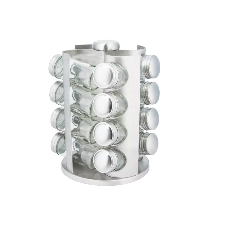 Set de 16 recipiente pentru condimente, otel inoxidabil si sticla, cu suport, Kinghoff