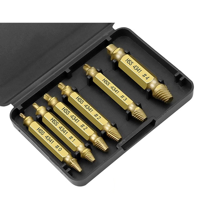 Set 6 extractoare de suruburi rupte, Otel, Auriu