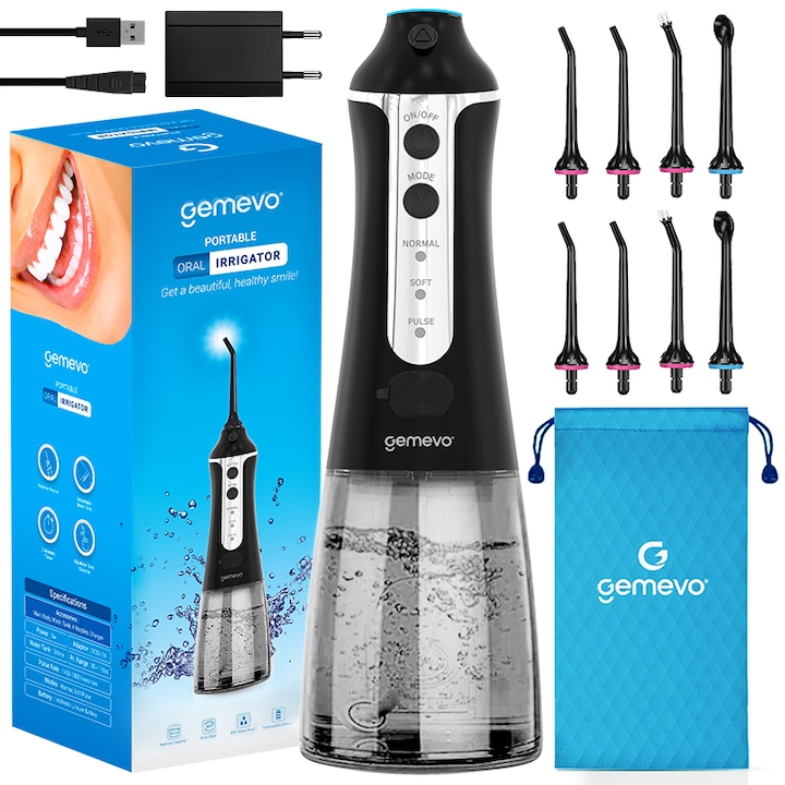 Professzionális szájöblítő szájzuhanyhoz, Gemevo® család, vezeték nélküli, hordozható, IPX7, túlmelegedés elleni védelem, 300 ml-es tartály, szín fekete/világosszürke