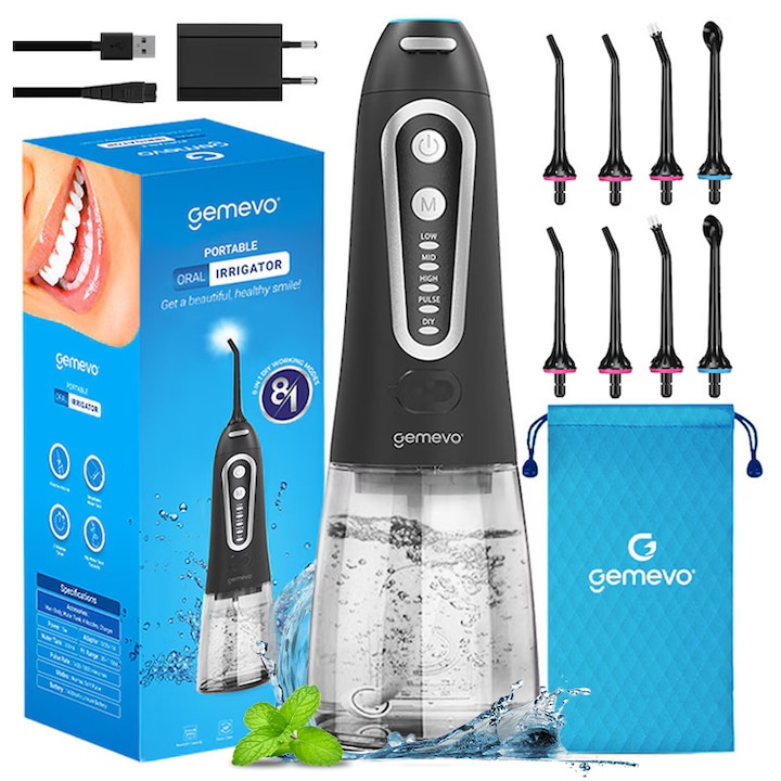 Irigator Bucal Profesional tip Dus Bucal Gemevo® Family, Irigator Oral fara fir, Portabil, 5 TREPTE de presiune, 12 niveluri de intensitate, Mod DIY, IPX8, Rezervor 300 ML, Culoare Negru/Alb