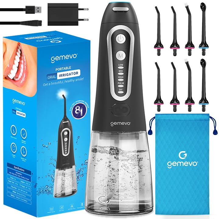 Професионален орален иригатор за орален душ, Gemevo® Family, 5 НИВА на натиск, 12 нива на интензитет, режим „Направи си сам“, IPX8, безжичен, 300 ML резервоар, цвят черен/бял