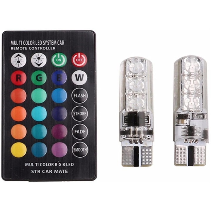 Комплект 2 броя T10 LED автомобилни RGB крушки с дистанционно управление, мощност 2W