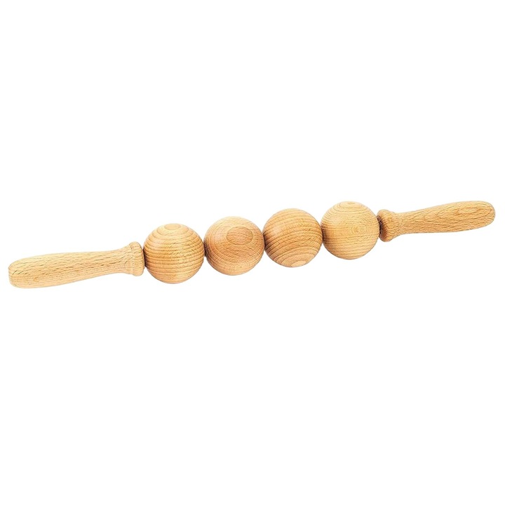 Rola de masaj cu bile TUULI, anticelulita, drenaj limfatic, maderoterapie, imbunatateste circulatia, relaxeaza muschii, din lemn natural de fag, 40 cm, Maro