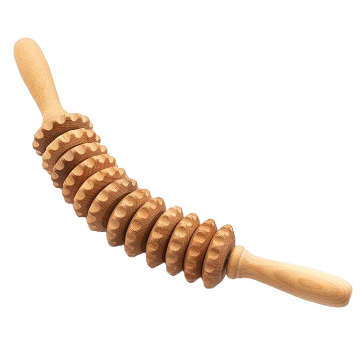 Rola de masaj anticelulitic Tuuli, curbata Maderoterapie, imbunatateste aspectul pielii si ajuta la reducerea celulitei, lemn, 40 cm, Maro