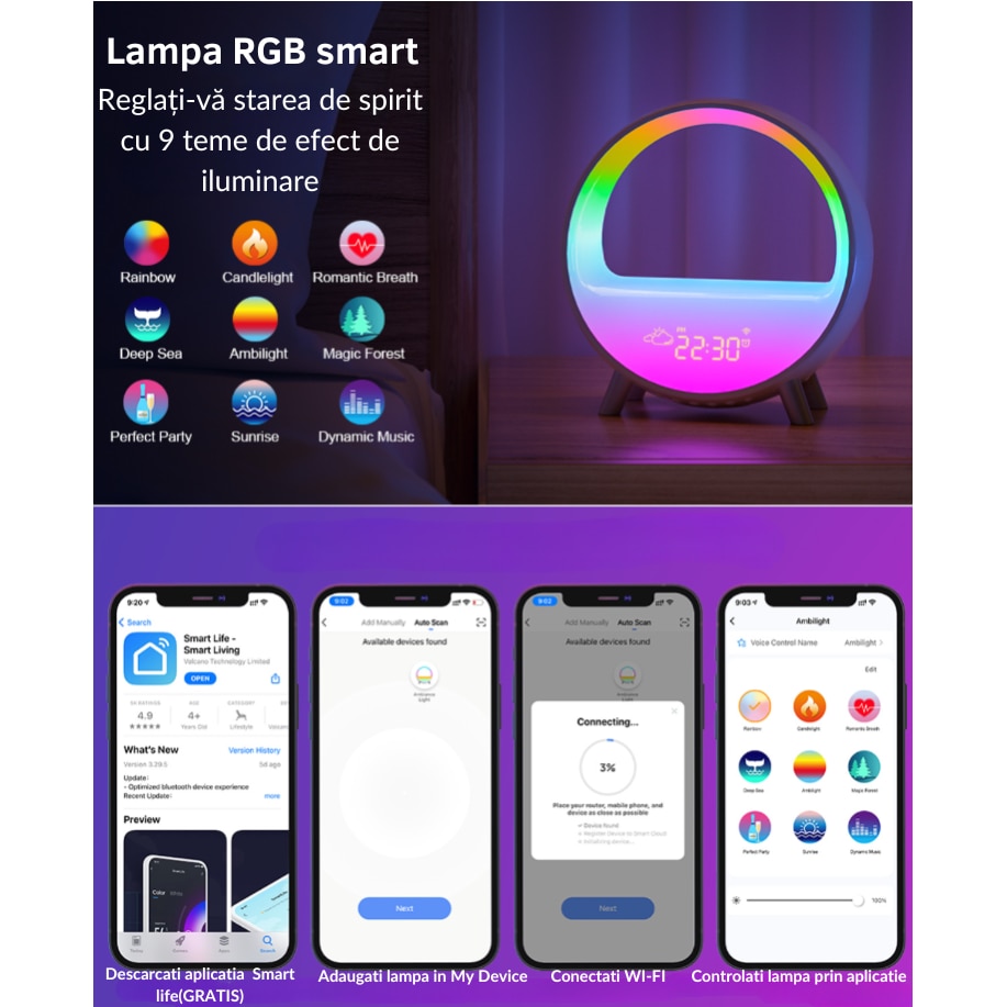 Lampa Smart LED RGB, multifunctionala, Incarcator Rapid Wireless 15W ...