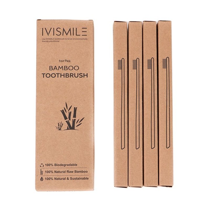4 db bambusz fogkefe csomag aktív szén ionokkal - tisztít és méregtelenít, 100%-ban természetes, IVISMILE