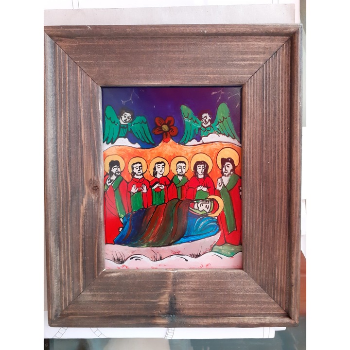 Icoana pictata pe sticla Adormirea maicii Domnului 25,5x20,5, rama lemn