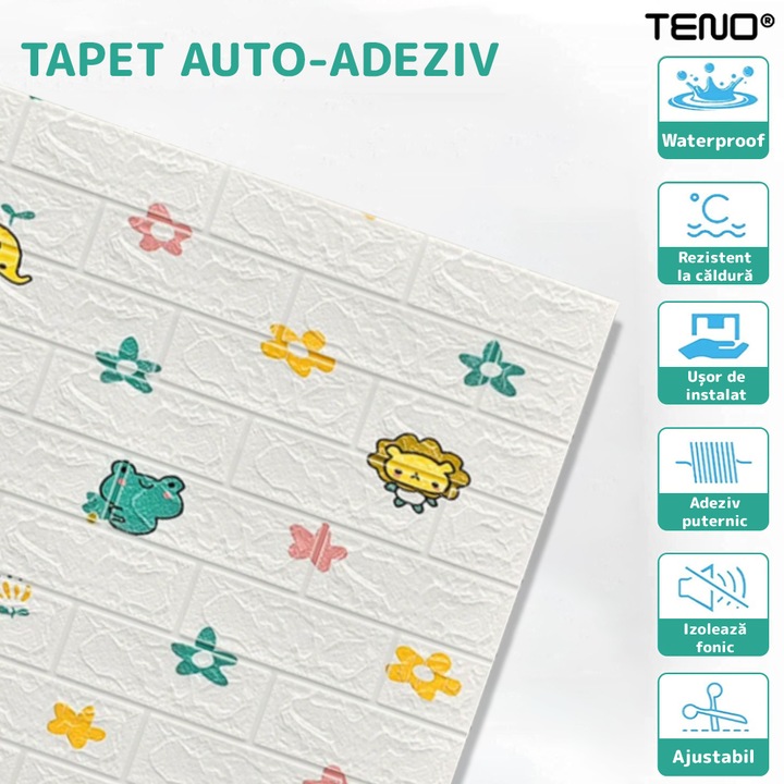 Set 20x Tapet Caramida 3D Teno®, model Animalute, suprafata acoperire 10.6 mp, autoadeziv, waterproof, usor de montat, design modern, 70x77 cm, alb
