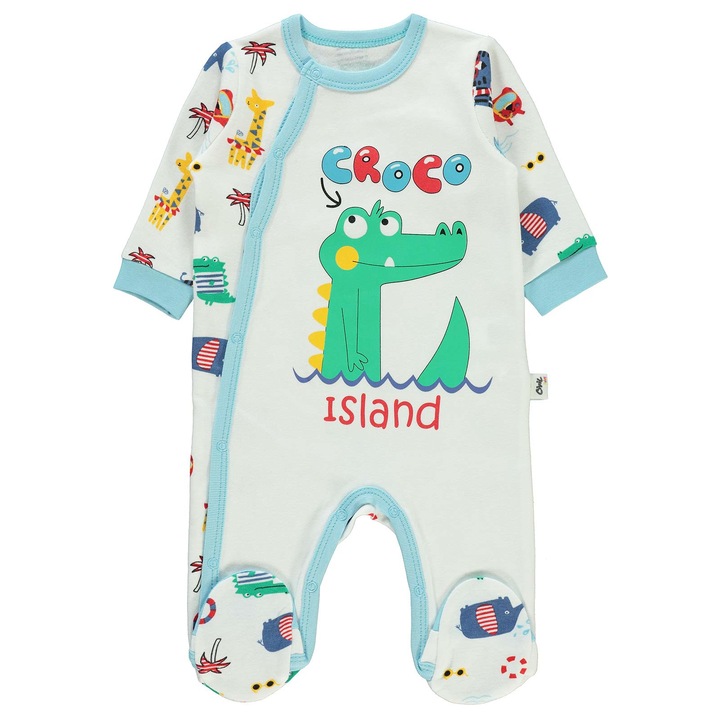 ISLAND hosszú ujjú overall és babacipő, ERAKIDS, "Croco Island" minta, 100% organikus pamut, Szürke