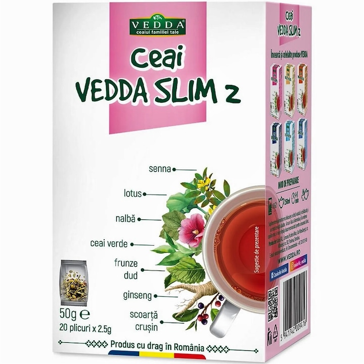Ceai Vedda Slim 2, pentru slabit si detoxifiere, efect energizant, supraplic, 20doze x 2,5gr, Kalpo