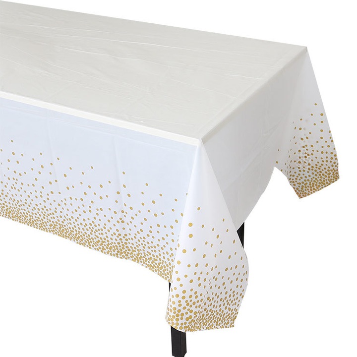 Fehér téglalap alakú asztalterítő arany pöttyökkel 137x274cm, PEVA, vízálló