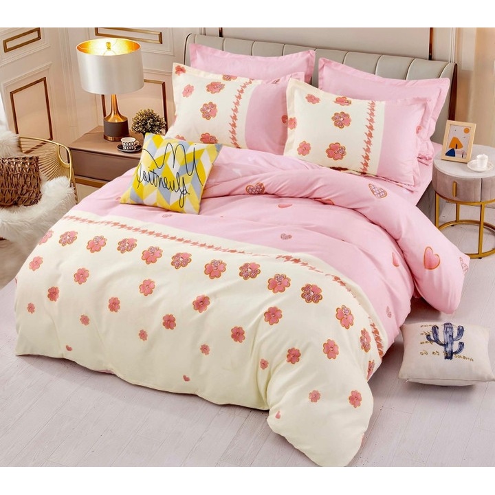 Спално бельо, Jojo Home, 4 части, 1 лице, щампа Розови цветя, 155x230см, Finet, Розово-кремаво