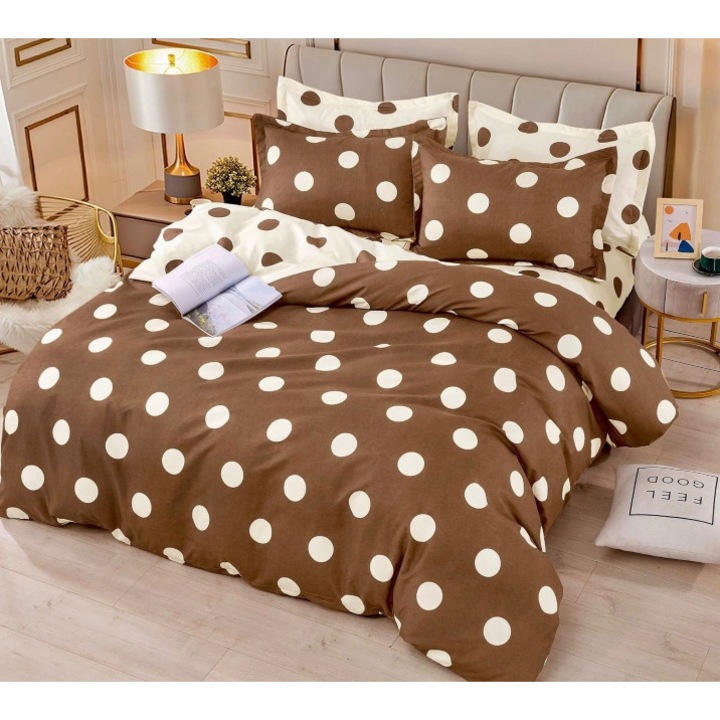 Спално бельо, Jojo Home, 4 части, 1 лице, щампа на точки, 155x230 см, кафяво-бяло
