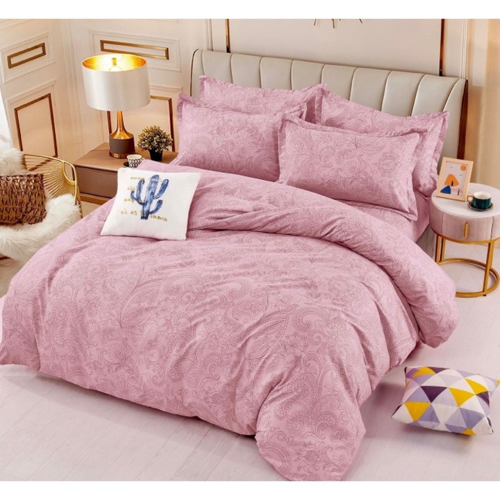 Спално бельо, Jojo Home, 4 части, 1 лице, Елегантна щампа, 155x230см, Розово