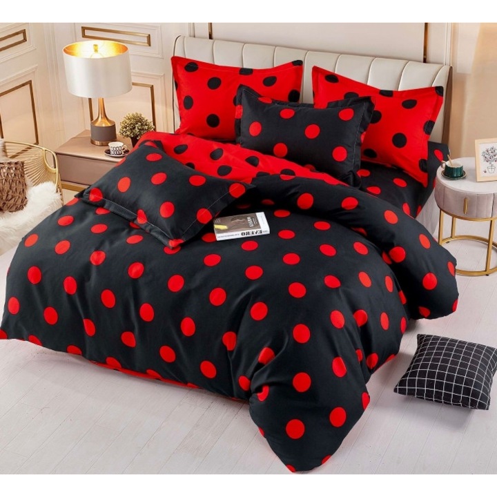 Спално бельо, Jojo Home, Polka Dot Print, 6 части, 2 лица, 245x250см, Finet Superior, Черно-червено