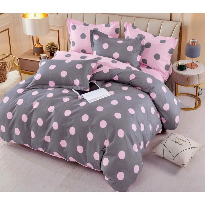 Ágynemű, Jojo Home, Pöttyös nyomat, 6 db, 2 személyes, 245x250cm, Finet Superior, Szürke-rózsaszín