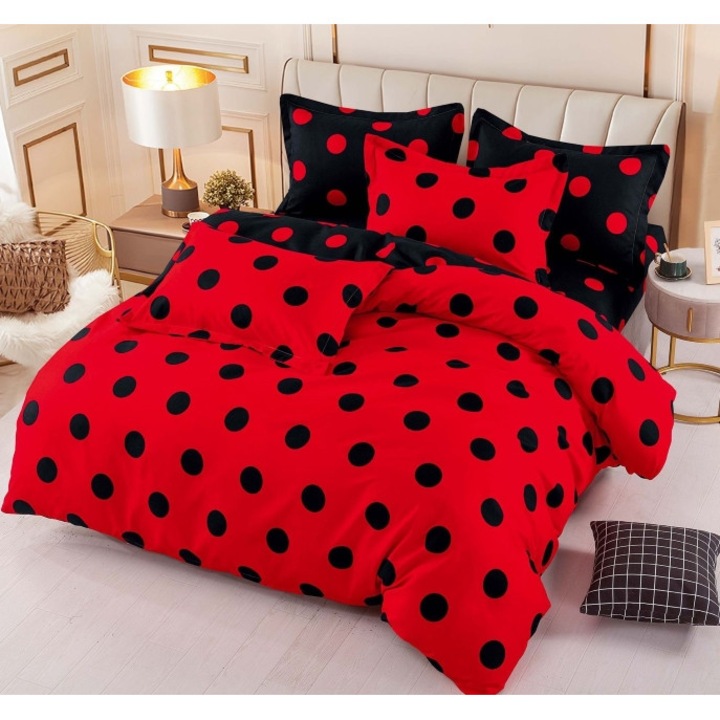 Lenjerie de pat, Jojo Home, Imprimeu Buline, 6 piese, 2 persoane, 245x250cm, Finet Superior, Rosu-Negru
