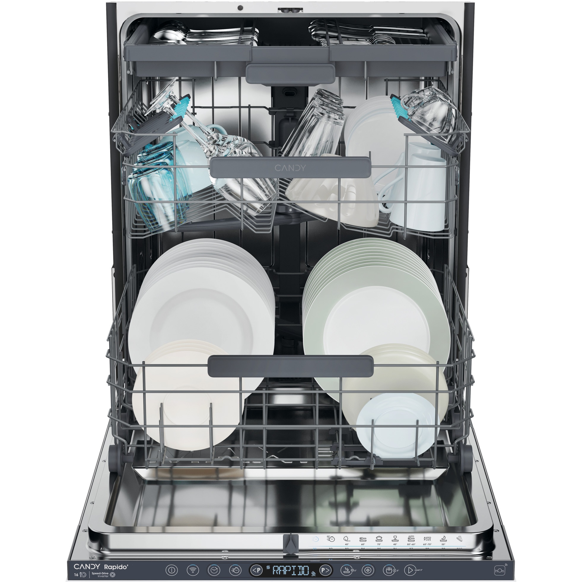 Masina de spalat vase incorporabila Candy Rapido CI 6B4S1PSA, 16 seturi, 10 programe, Clasa B, Motor Inverter, Wi-Fi, Bluetooth, 3 cosuri, Power Wash, Automatic open door, Add-dish, Wash&Dry 35’, Maxi Tub, 60 cm