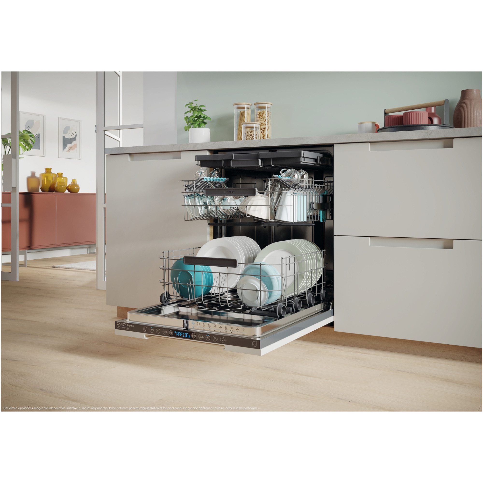 Masina de spalat vase incorporabila Candy Rapido CI 6B4S1PSA, 16 seturi, 10 programe, Clasa B, Motor Inverter, Wi-Fi, Bluetooth, 3 cosuri, Power Wash, Automatic open door, Add-dish, Wash&Dry 35’, Maxi Tub, 60 cm