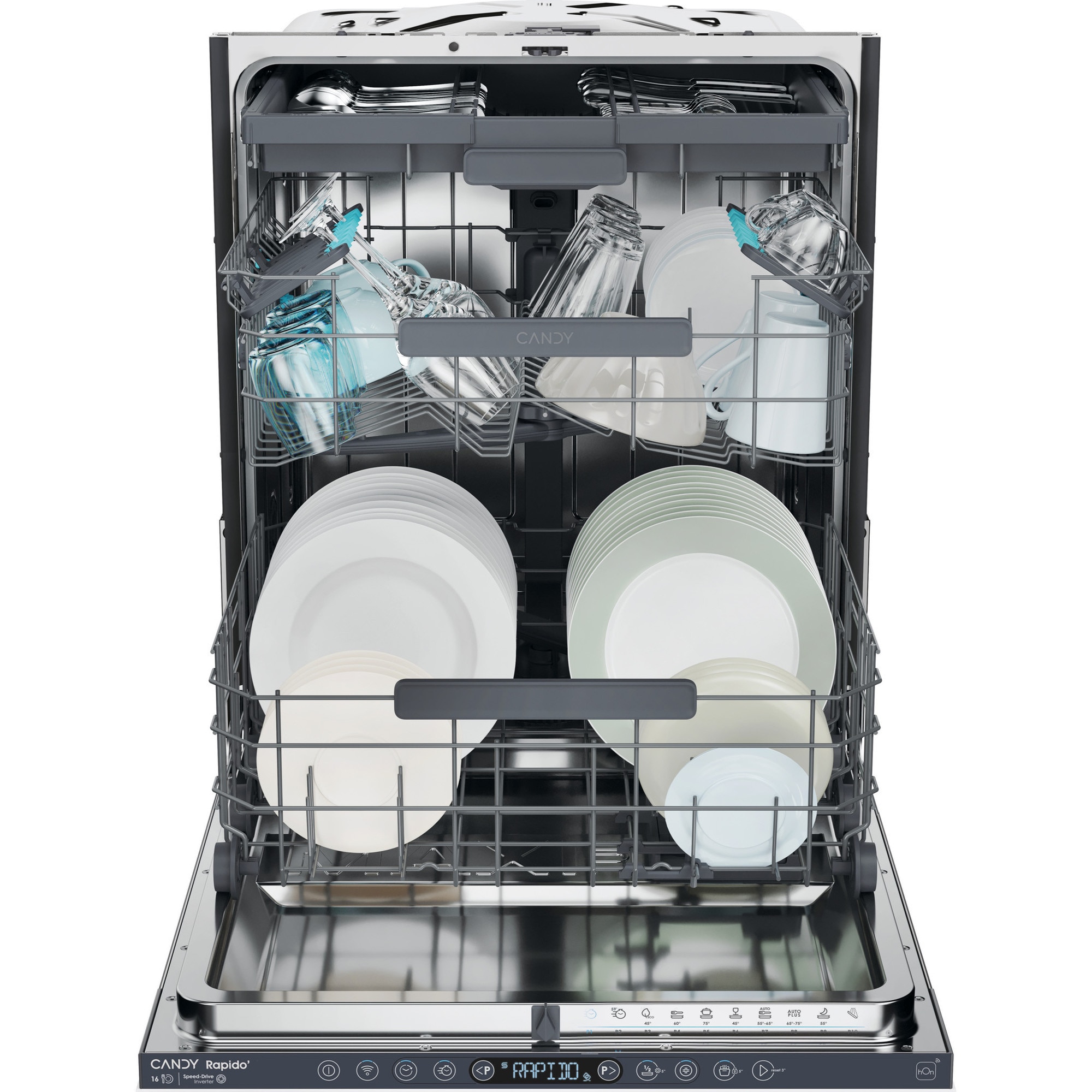 Masina de spalat vase incorporabila Candy Rapido CI 6B4S1PSA, 16 seturi, 10 programe, Clasa B, Motor Inverter, Wi-Fi, Bluetooth, 3 cosuri, Power Wash, Automatic open door, Add-dish, Wash&Dry 35’, Maxi Tub, 60 cm