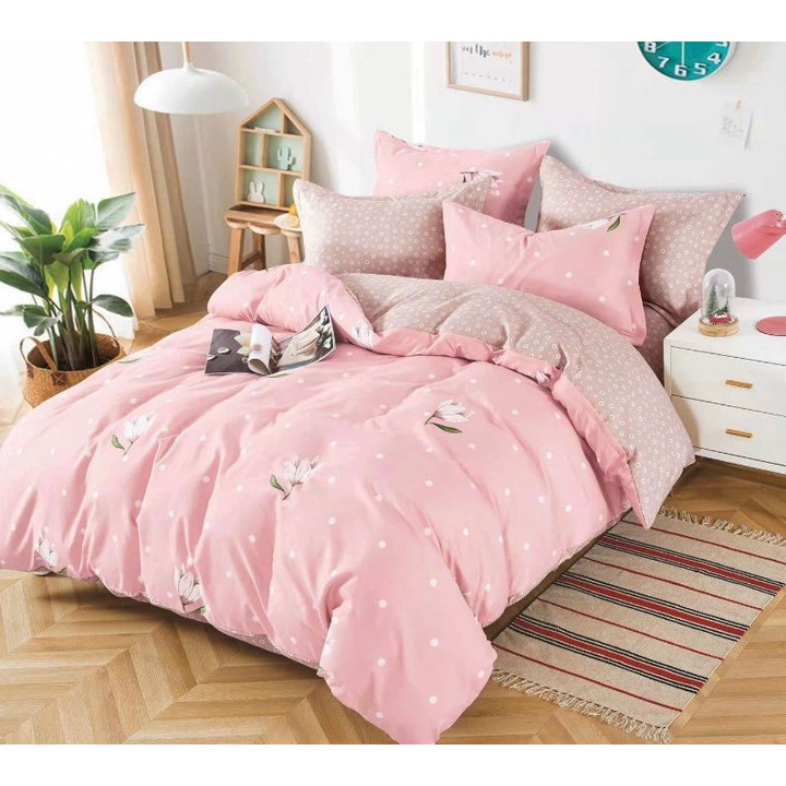 Двоен комплект спално бельо, 2 души, сяра, памук, фин, 6 части, чаршаф 245 x 250 см, чаршаф за завивка 200 x 230 см, 2 калъфки за възглавници 70 x 70 см, 2 калъфки за възглавници 55 x 80 см, сьомга/крем, две страни, флорален модел, PUC-0041