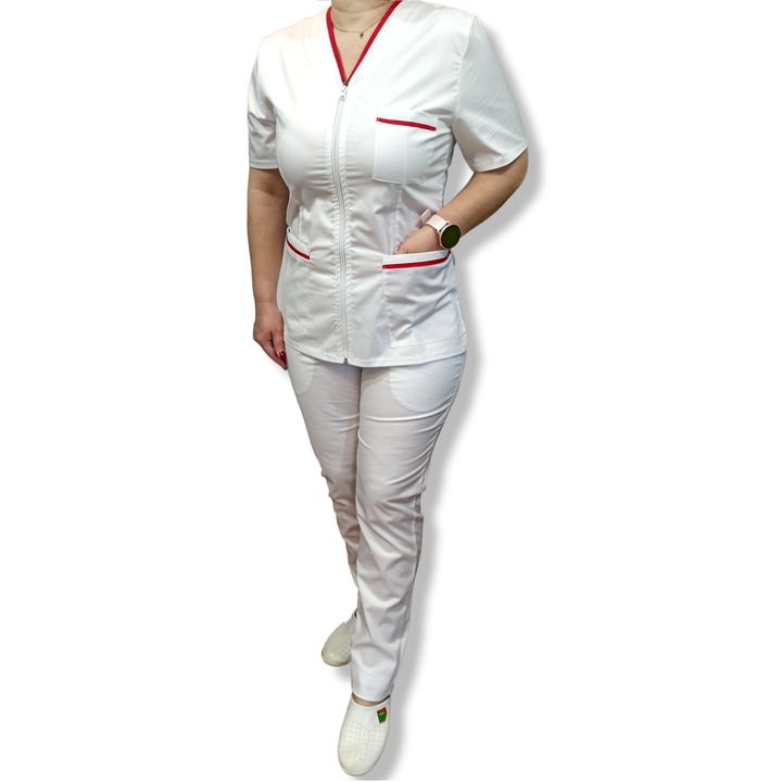 Costum medical alb Premium din tercot elastic, Halat fermoar cu insertie rosie, pantaloni albi, Marimea 48, AMA Medical Scrubs
