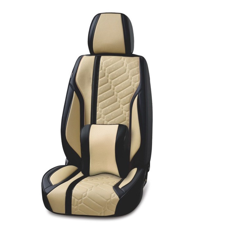 Set huse scaune auto, universale, piele ecologica negru cu crem, Deluxe Design fata-spate