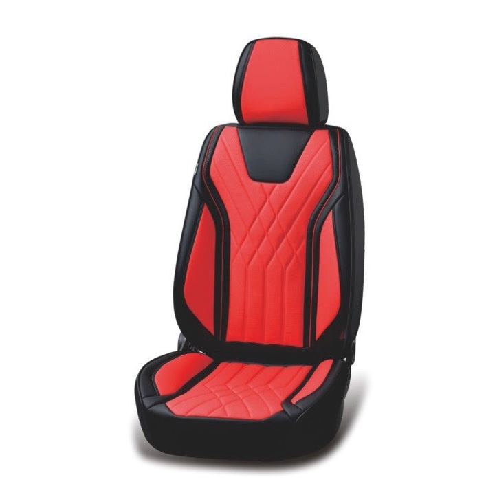 Set huse scaune auto, universale, piele ecologica negru cu rosu, Luxury, fata-spate