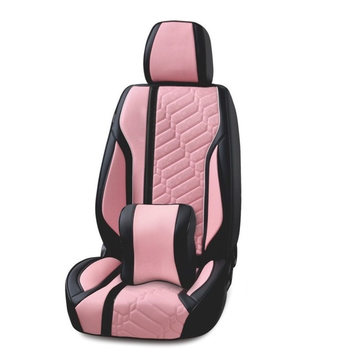 Set huse scaune auto, universale, piele ecologica negru cu roz, Deluxe Design fata-spate