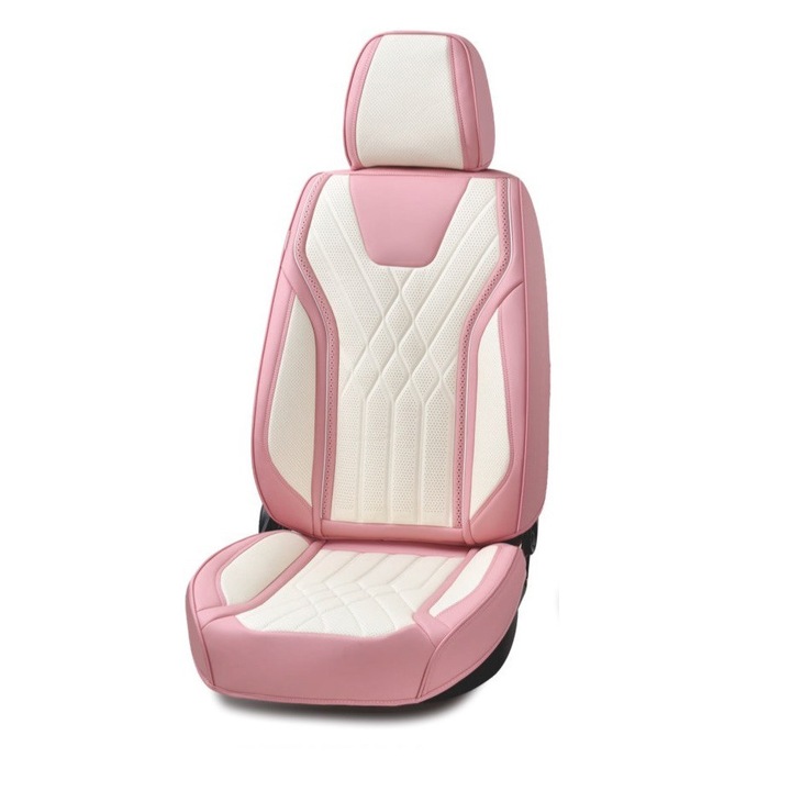 Set huse scaune auto, universale, piele ecologica roz cu alb, Luxury, fata-spate