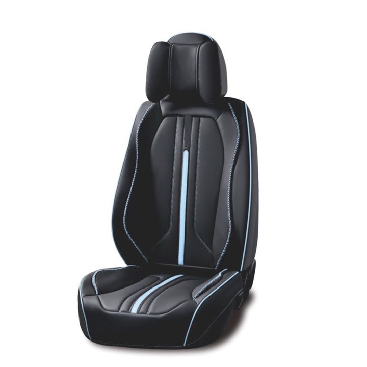 Set huse scaune auto, universale, piele ecologica negru cu dunga albastra, Sport Design fata-spate