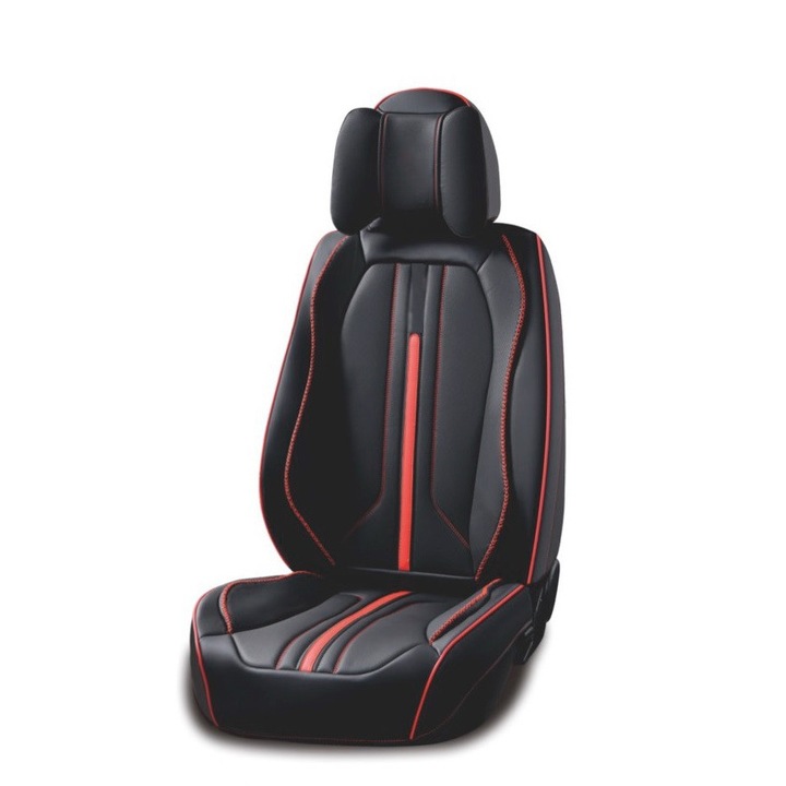 Set huse scaune auto, universale, piele ecologica negru cu dunga rosie, Sport Design fata-spate