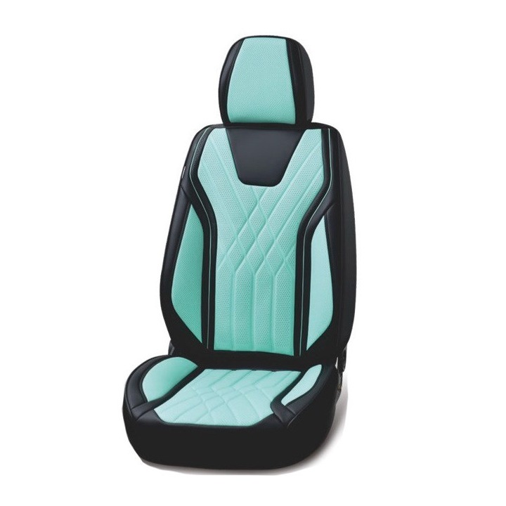 Set huse scaune auto, universale, piele ecologica turcoaz cu negru, Luxury, fata-spate
