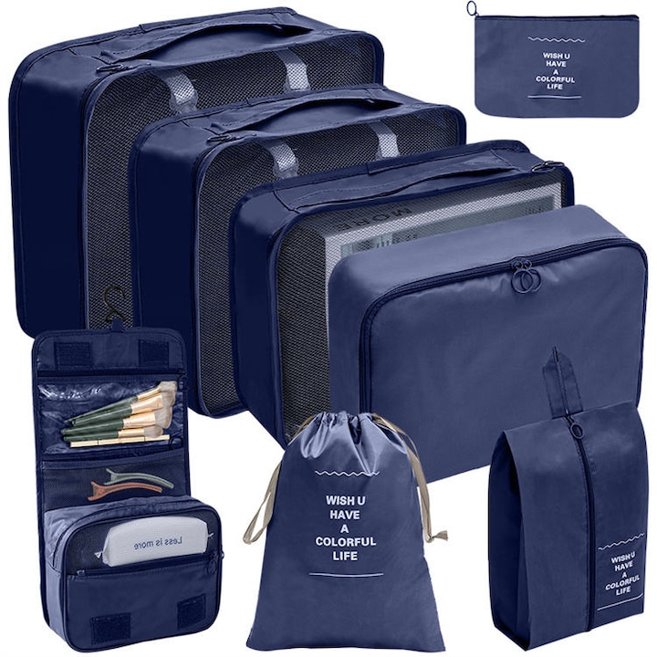 Органайзер за багаж от 8 части, различни размери, идеален за количка или куфар, син