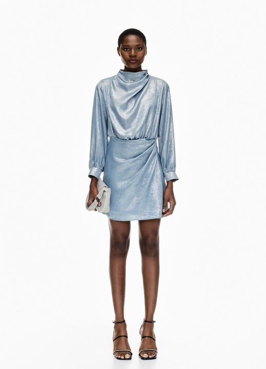 Rochie mini eleganta cu maneca lunga, Albastru deschis metalizat