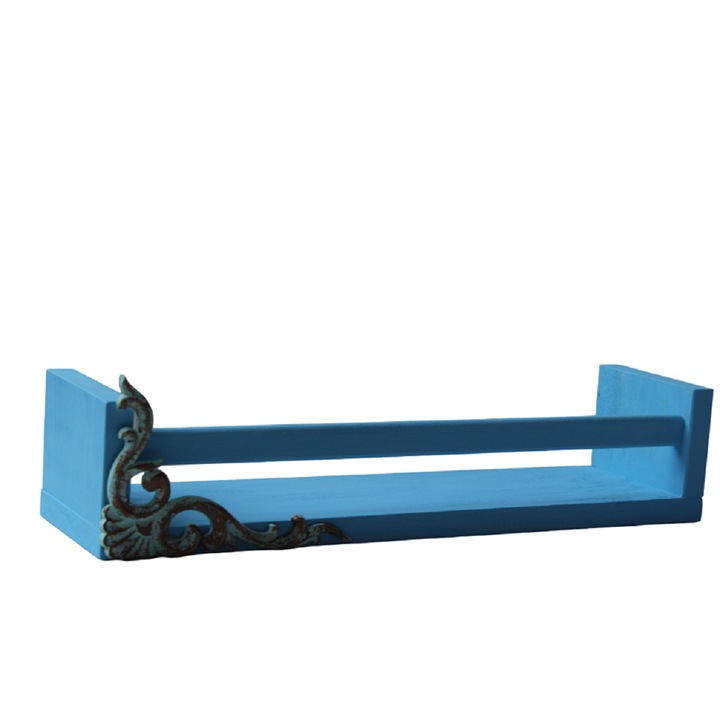 Etajera din lemn, cu ornament, albastru, 40 x 8 x 9 cm
