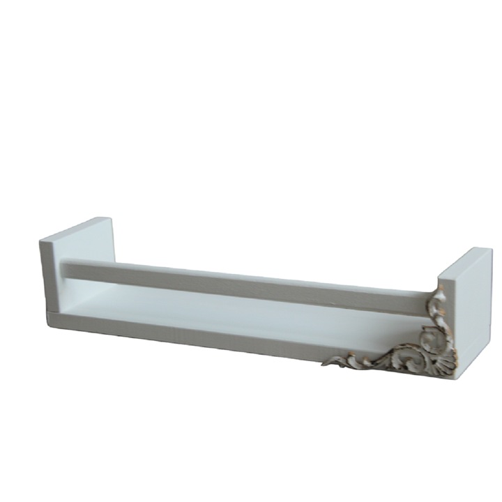 Etajera din lemn, cu ornament de lemn alb vintage, Alb, 40 x 8 x 9 cm