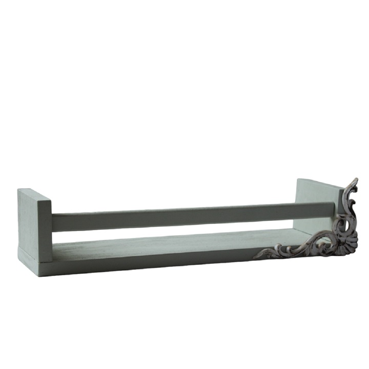 Etajera din lemn, cu ornament de lemn, Verde Vintage, 40 x 8 x 9 cm