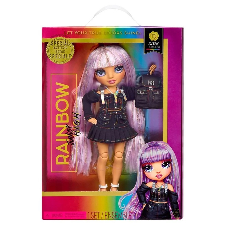 Papusa Rainbow High S3, Junior High, Avery Styles cu accesorii, 26 cm