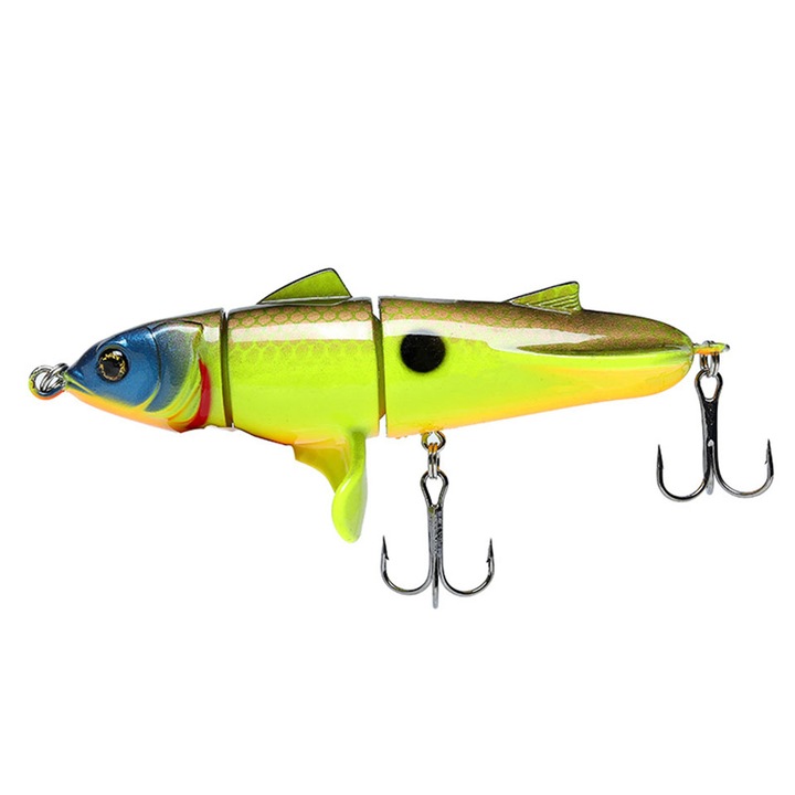 Vobler cu coada rotativa 360 gradecu 3 sectiuni 11cm 24g, articulatii multiple, momeala bionica pentru apa dulce si sarata, ochi 3D si 2 acore triple, naluca cu scufundare lenta, model 3