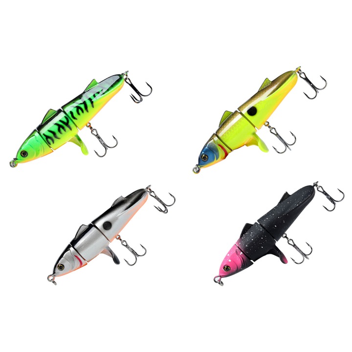 Set 4 Voblere cu coada rotativa 360 grade cu 3 sectiuni 11cm 24g, articulatii multiple, momeala bionica pentru apa dulce si sarata, ochi 3D si 2 acore triple, naluca cu scufundare lenta, model 5