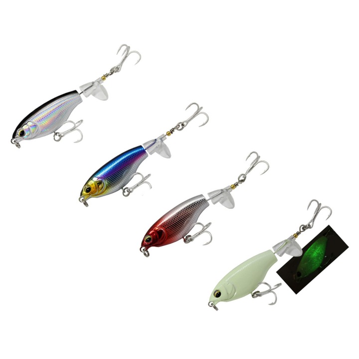 Set 4 Momeli Plutitoare FishingBox cu Coada Rotativa Topwater – Naluci pentru Stiuca, Somn si Salau, pentru Apa Dulce si Apa Sarata, Actiune Realista si Zgomot Atractiv