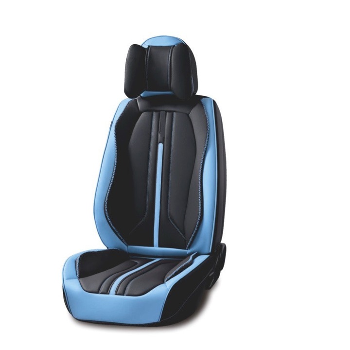 Set huse scaune auto, universale, piele ecologica negru cu bleu, Sport Design fata-spate