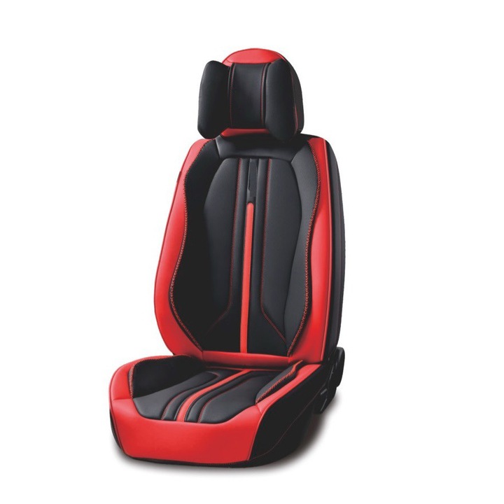 Set huse scaune auto, universale, piele ecologica negru cu rosu, Sport Design fata-spate